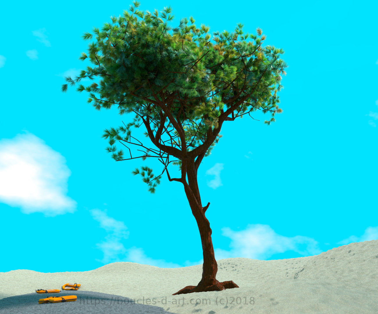 Trois gilets de sauvetage gisant sur une fin de route au mileu d'une dune et sous l'ombre d'un pin parasol