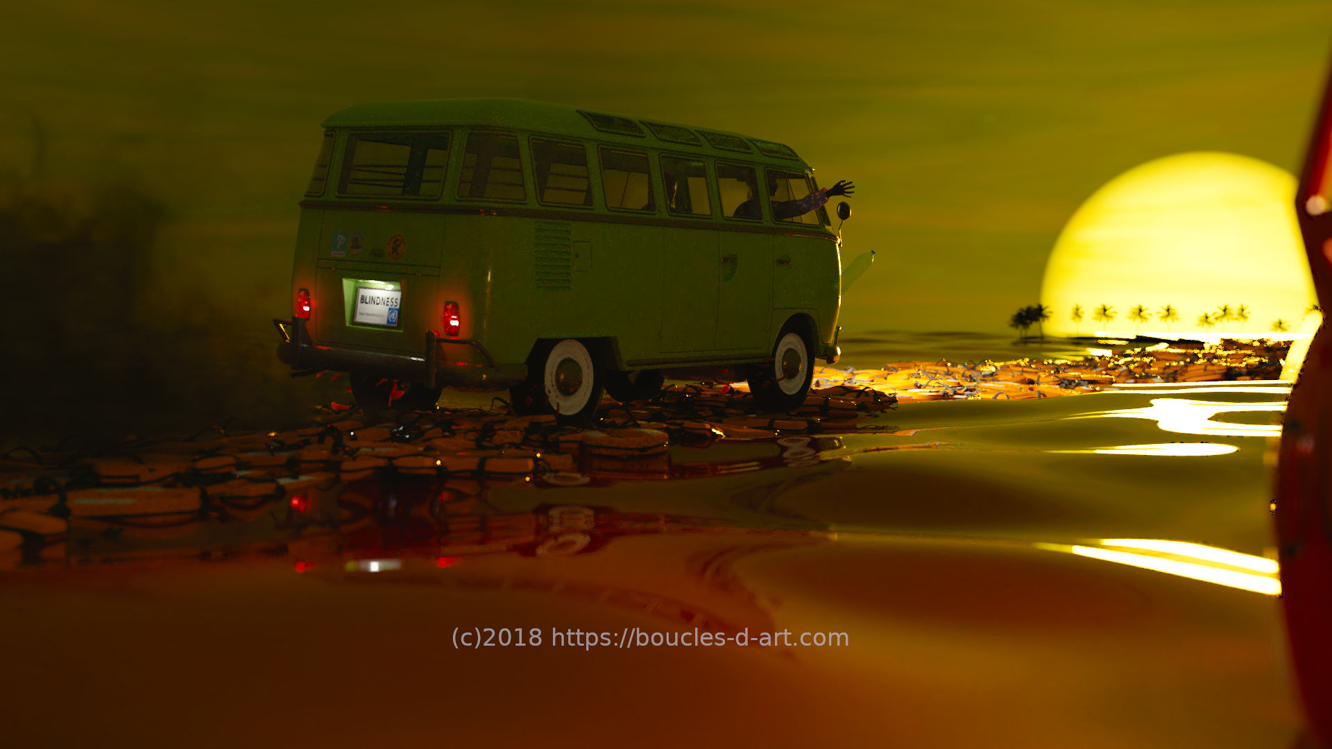 Camping-car roulant sur une route de gilets de sauvetage