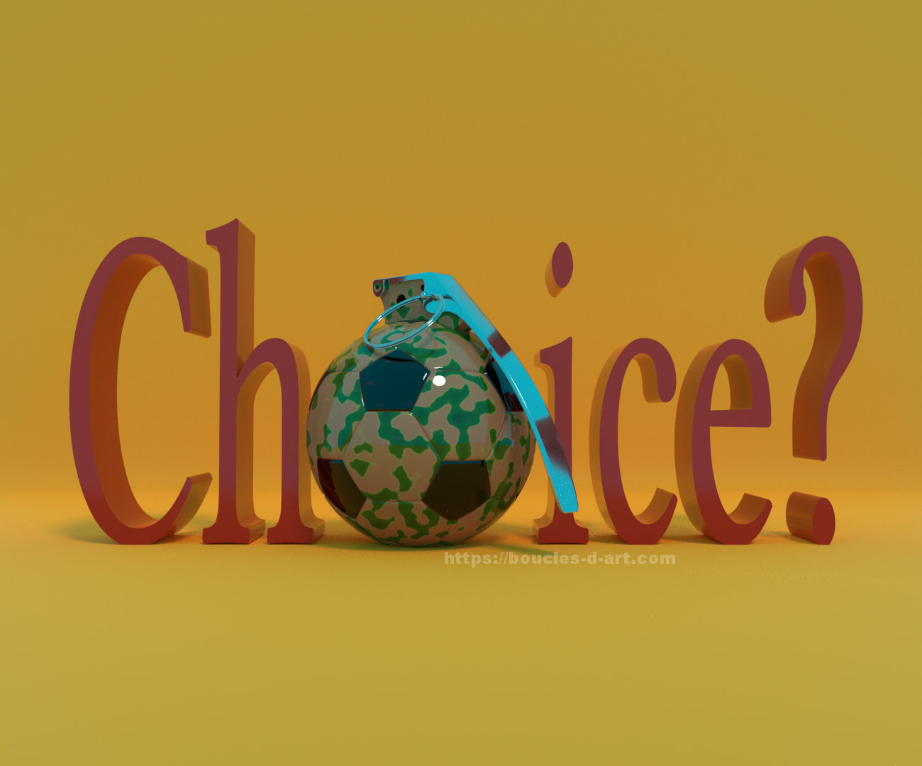 ballon de football en forme de grenade pour symboliser l'absence de choix des humains subissant les guerres